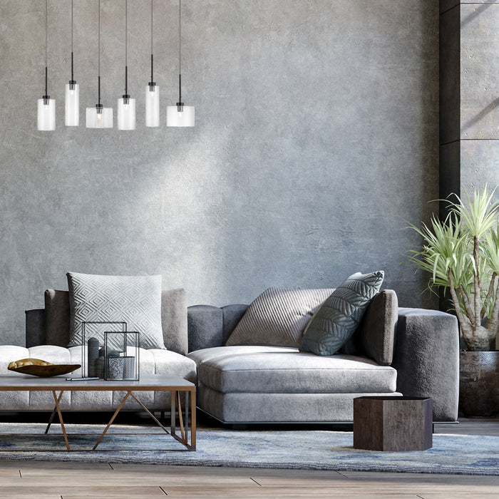 Luminaire suspendu horizontal Industrial Chic de Dainolite en verre transparent, avec fini noir mat et 6 ampoules