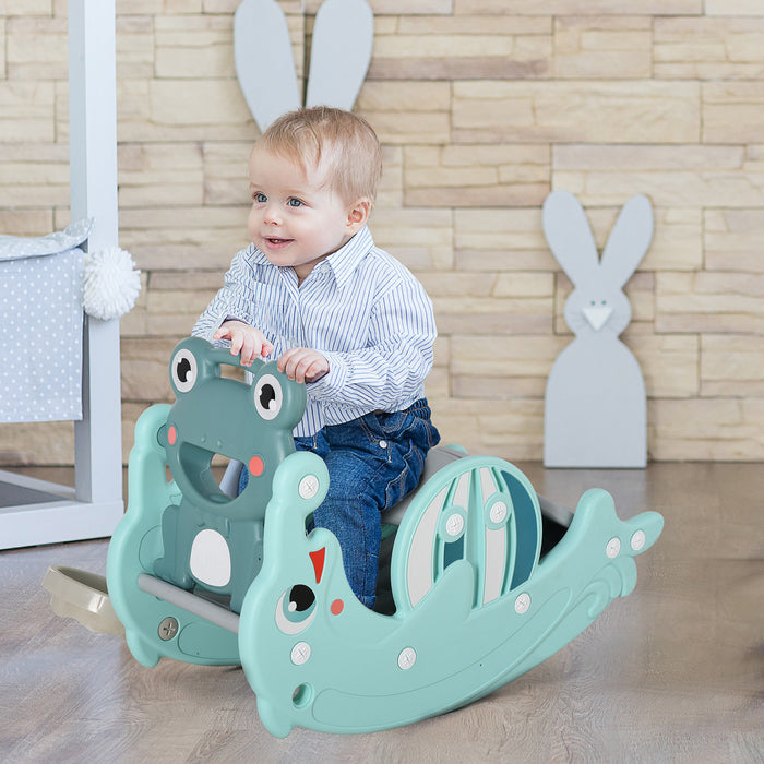 Qaba 3-en-1 Toboggan Pour Enfants Et Cheval A Bascule A Double Usage Equipement D'activite Pour Enfants Toboggan Portable Pour Aire De Jeux Interieure Et Exterieure Jouet Avec Panier De Basket Vert