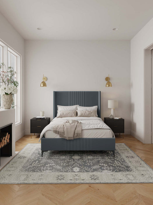 Lit complet Promenade style milieu du siecle moderne en velours gris capitonne