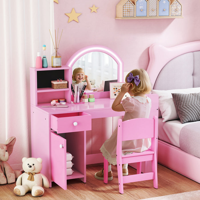 Qaba Ensemble de Coiffeuse pour Enfants, Miroir Lumineux, Tabouret, Rose