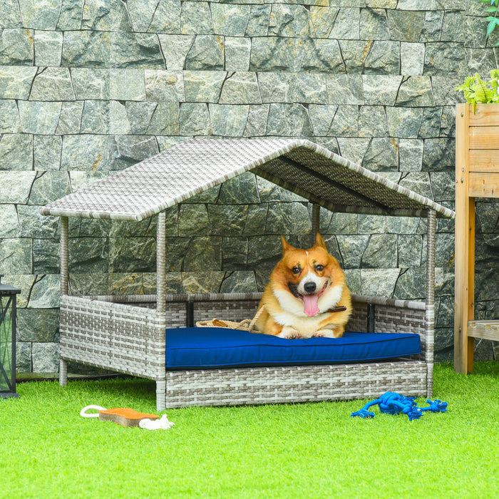 Pawhut Lit Pour Chien En Rotin Sureleve Pawhut Lit De Chien En Osier Exterieur Meubles Pour Animaux De Compagnie Canape-lit Avec Coussin Rembourre Et Abri De Toit, Bleu Fonce