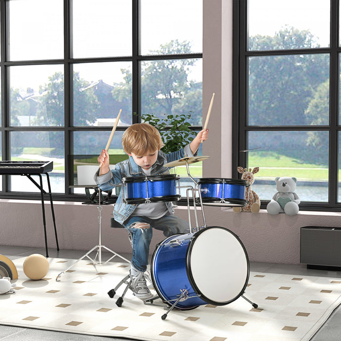 Qaba Batterie 7 Pieces Avec Trone, Batterie Pour Enfants Avec Cymbale Reglable, Pedale, Baguettes, Batterie Junior Pour Les Tout-petits De 3 A 6 Ans, Bleu