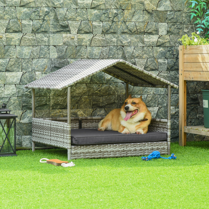Pawhut Lit Pour Chien En Rotin Sureleve Pawhut Lit De Chien En Osier Exterieur Meubles Pour Animaux De Compagnie Canape-lit Avec Coussin Rembourre Et Abri De Toit, Gris Anthracite