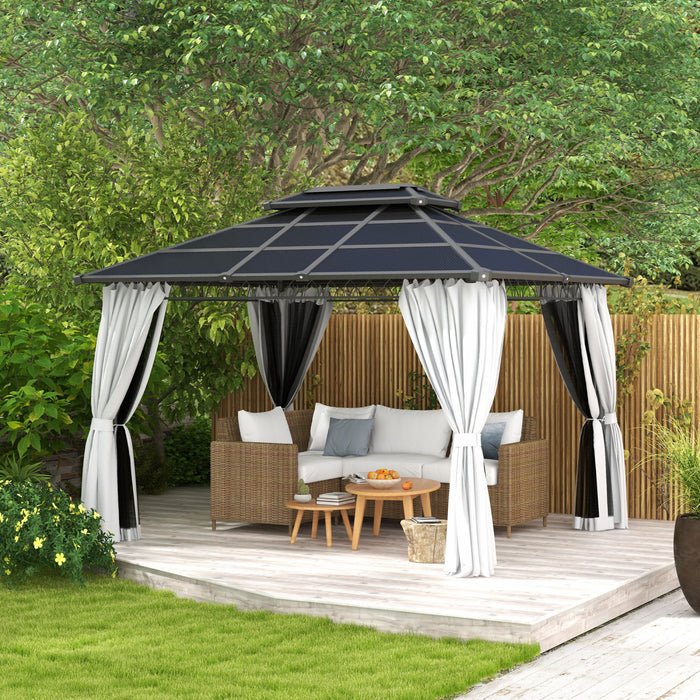 Outsunny 10' X 12' Gazebo Exterieur, Gazebo A Double Toit Rigide Avec Toit En Polycarbonate, Cadre En Acier, Filets Et Rideaux, Pour Le Jardin, La Pelouse, L'arriere-cour Et La Terrasse, Gris Clair