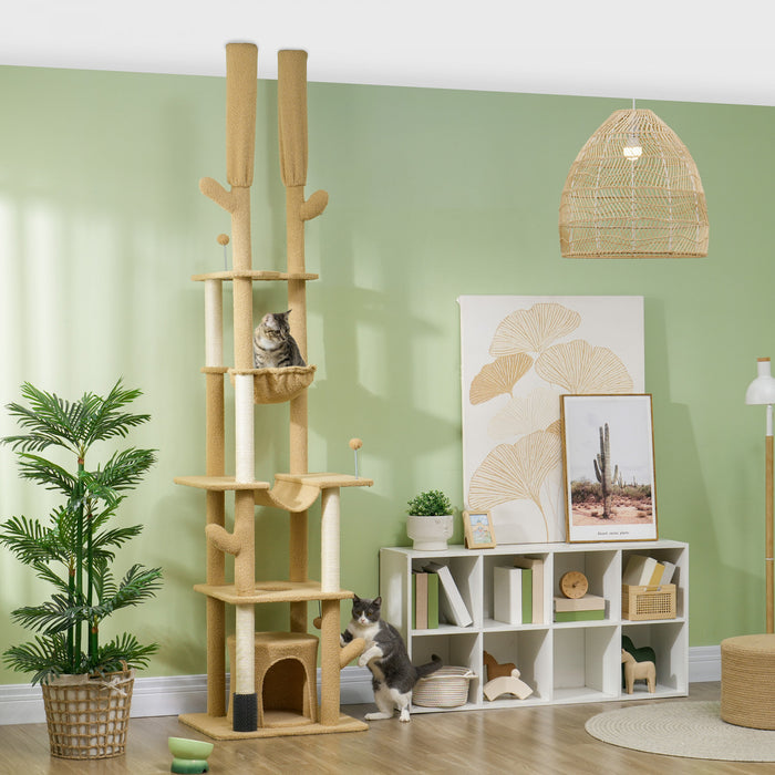 Pawhut Arbre A Chat Du Sol Au Plafond, Hauteur Reglable De 89 A 100 Po Pour Grands Chats Avec Griffoirs, Brosse De Toilettage, Abri Pour Chat, Perchoirs, Hamacs, Boules, Marron.