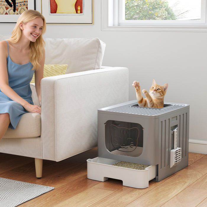 PawHut Bac a Litiere Pliable pour Chat, Bac Ferme avec Tiroir Coulissant, Couvercle, Pelle, Facile a Nettoyer, Sans Fuite d'Urine, Controle des Odeur, pour Chat jusqu'a 11 lb, Gris