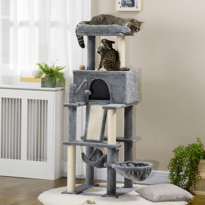 Pawhut 55\" Arbre A Chat D'interieur, Tour De Chat, Centre D'activites Pour Chats Avec Rampe De Lit Pour Chat Condo Hamacs Balancoires Suspendues Jouets Sisal Corde A Gratter, Gris