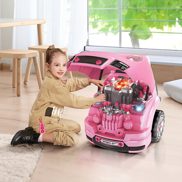 Qaba Ensemble De Jouets De Moteur De Camion Pour Enfants, Mecanicien, Atelier De Jeu De Demontage De Moteur, Comprend 61 Pieces, Volant, Klaxon, Lumiere Pour 3 A 5 Ans, Rose