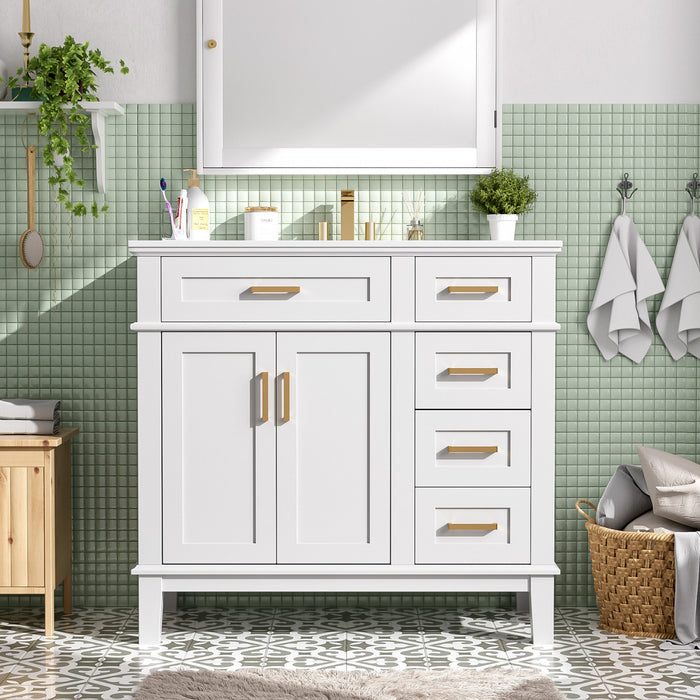 Ethan Meuble-lavabo de salle de bain en bois massif avec lavabo en ceramique et rangement intelligent, blanc