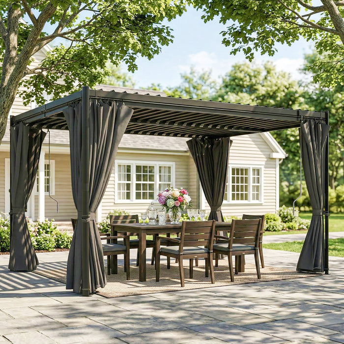 Outsunny 10 x 13 ft Pergola d'exterieur a persiennes avec toit en acier, rideaux, gris