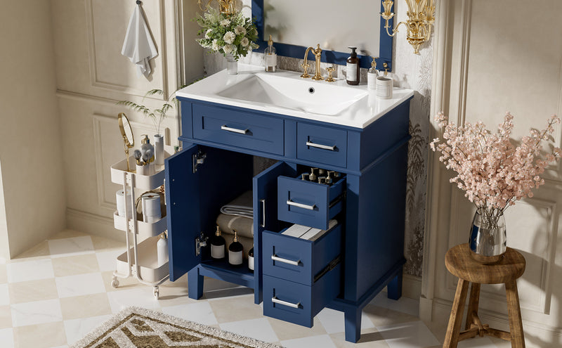 Savannah Meuble de salle de bain 30 pouces avec vasque en ceramique et armoire de rangement spacieux, Bleu marine