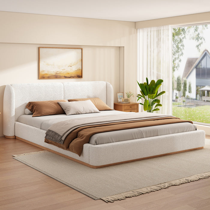 Lit plateforme Lucas a profil bas en boucle avec tete de lit a oreilles rembourree, taille king, blanc