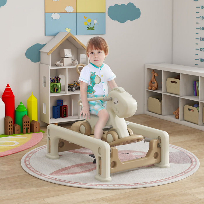 Qaba Cheval A Bascule 5 En 1 Pour Les Tout-petits De 1 A 6 Ans, Jouet Cheval A Bascule A Ressort Avec Planche D'equilibre Amovible, Poignee De Poussee, 4 Roues Lisses, Jusqu'a 66lb