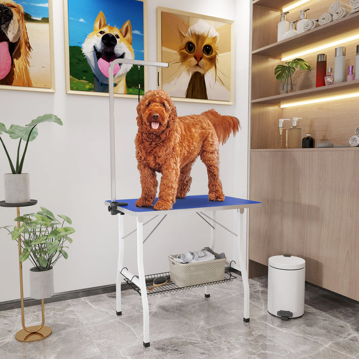 Pawhut Table De Toilettage Pour Chien Avec Bras Reglable, Table De Toilettage Pliable Avec Plateau En Maille, Deux Nœuds, Surface En Caoutchouc, 35\" X 24\" X 30\", Bleu