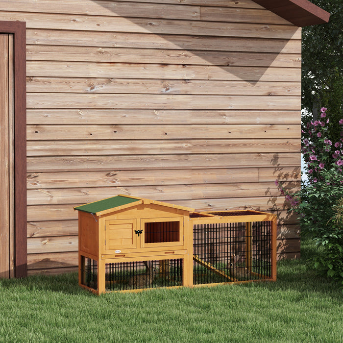 Pawhut Clapier D'exterieur A 2 Niveaux Avec Dessus Ouvrant, Grande Cage A Lapin En Bois De 59\" Avec Toit Resistant Aux Intemperies, Plateau Amovible, Rampe, Jaune