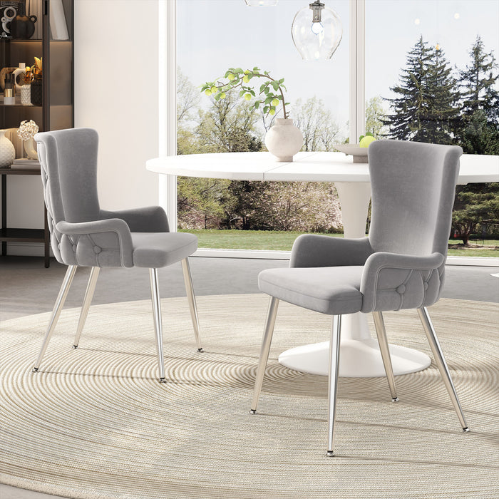 Chaises de salle a manger Luna en velours avec revetement capitonne et pieds metalliques dores, lot de 2, gris