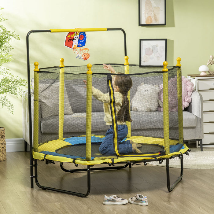 Qaba Trampoline pour enfants de 4,6 pieds, trampoline interieur et exterieur avec filet d'enceinte, panier de basket-ball, barre horizontale, mini trampoline pour 3 a 10 ans, jaune