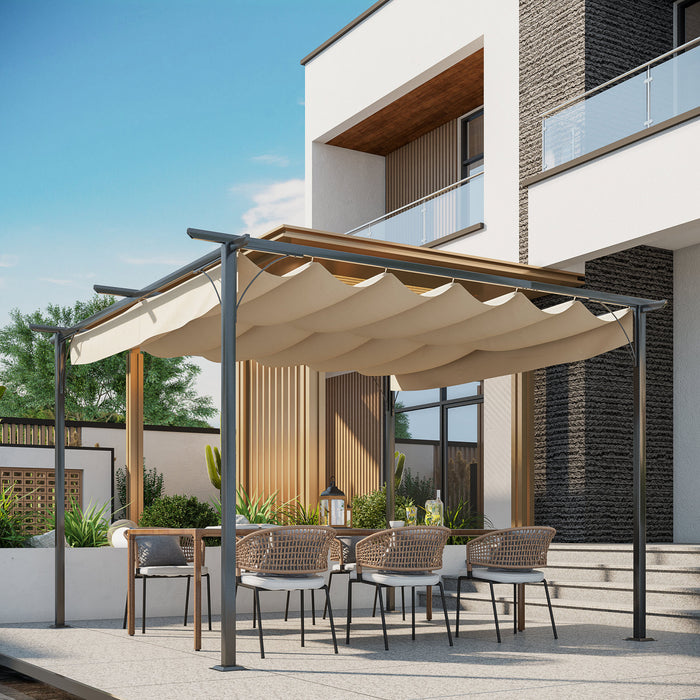 Pergola Retractable 3,5l X 3,5l X 2,30h M Structure Metal Epoxy Anticorrosion Noire + Toile Polyester Haute Densite 180 G/mĠ Incluse Beige