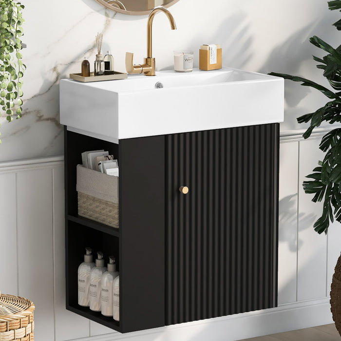 Rachel Meuble-lavabo Flottant De Salle De Bain 21,6\" Avec Vasque En Ceramique, Porte A Fermeture Douce Et Rangement Cote Gauche