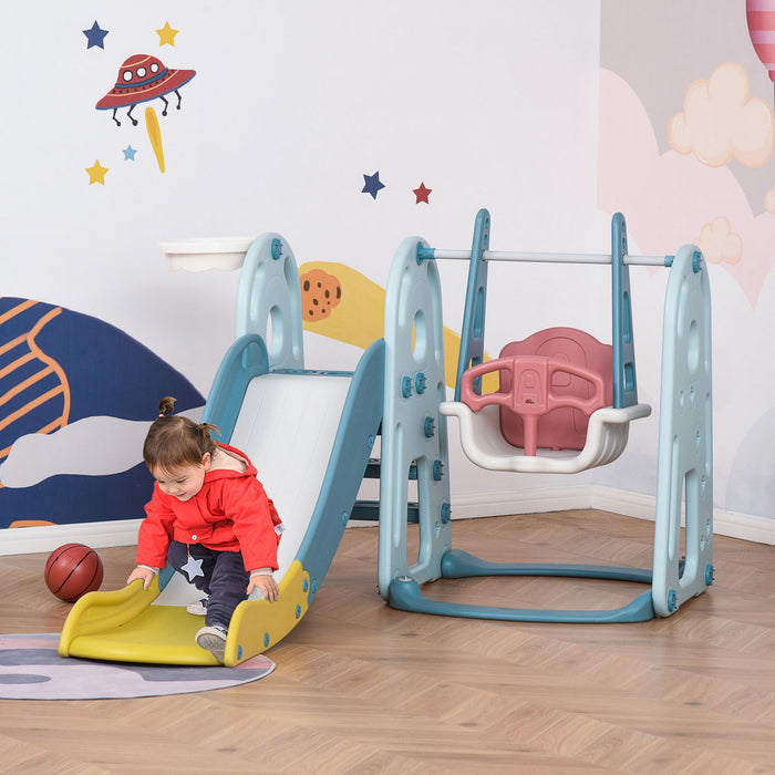 Qaba Ensemble De Toboggan Balancoire Pour Enfants 3 En 1 Avec Panier De Basket-ball A Hauteur Reglable Base Remplissable D'eau Ensemble De Jeu Pour Tout-petits Centre D'activites