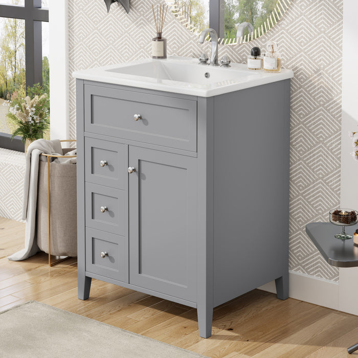 Scott Meuble-lavabo de 24\" avec vasque en ceramique et pieds en bois caoutchouc, Gris