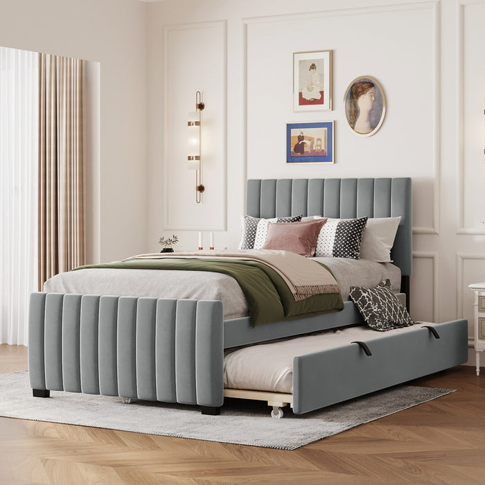 Lit plateforme Ethan rembourre en velours, gain de place, avec tiroir gigogne, taille simple, gris