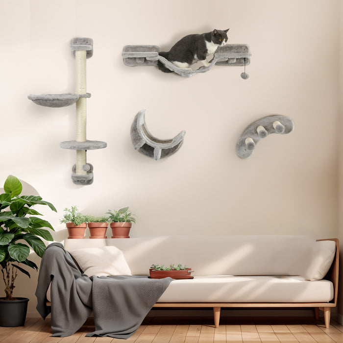 Pawhut Etageres Pour Chat Avec Griffoir, Plateforme De Saut Avec Echelle Souple, Etageres Murales Pour Chat Pour Se Detendre, Dormir, Grimper, Mur Pour Chat Avec Hamac Doux Et Balles De Jeu, Beige