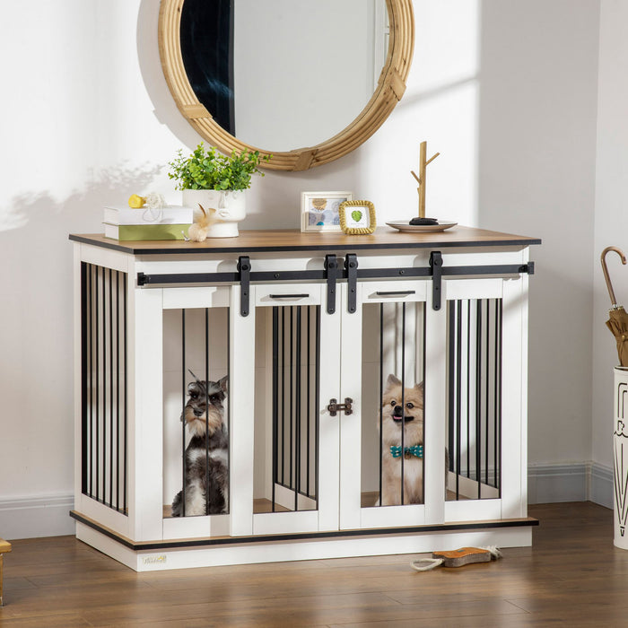 Pawhut Meuble Pour Cage De Chien Avec Panneau De Separation, Meuble Tv En Bois Pour Grands Chiens, Table D'appoint Pour 2 Petits Chiens Avec Design A Deux Pieces, 2 Portes Coulissantes, Blanc.