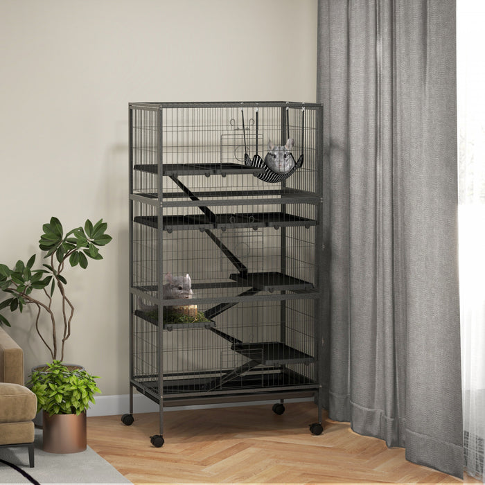 Pawhut Cage Roulante A 6 Niveaux Pour Petits Animaux, Cage Pour Cochon D'inde, Furet, Chinchilla, Chaton, Lapin, Petite Maison De Jeu Pour Animaux De Compagnie Avec Hamac, Plateau Amovible, Gris Fonce