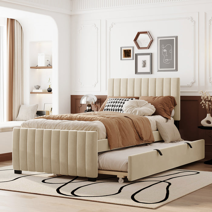 Lit plateforme Ethan rembourre en velours, gain de place, avec tiroir gigogne, taille simple, beige