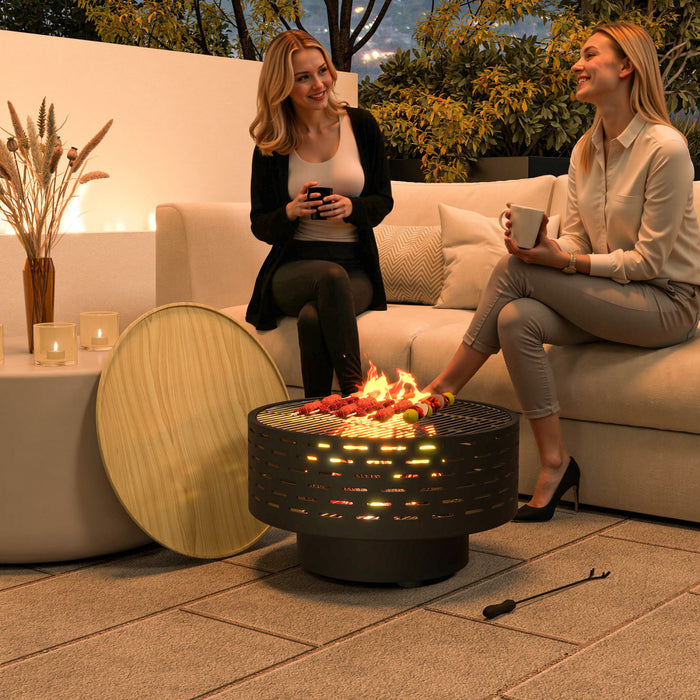 Outsunny Brasero 3-en-1 Bol a Feu Exterieur avec Panier Effet Bois Gris Charbon