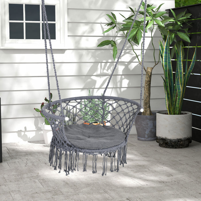 Outsunny Chaise Suspendue Hamac, Balancoire De Porche En Corde De Coton Avec Cadre Metallique Et Coussin, Grand Siege En Macrame Pour Le Patio Jardin Chambre Salon Gris Fonce
