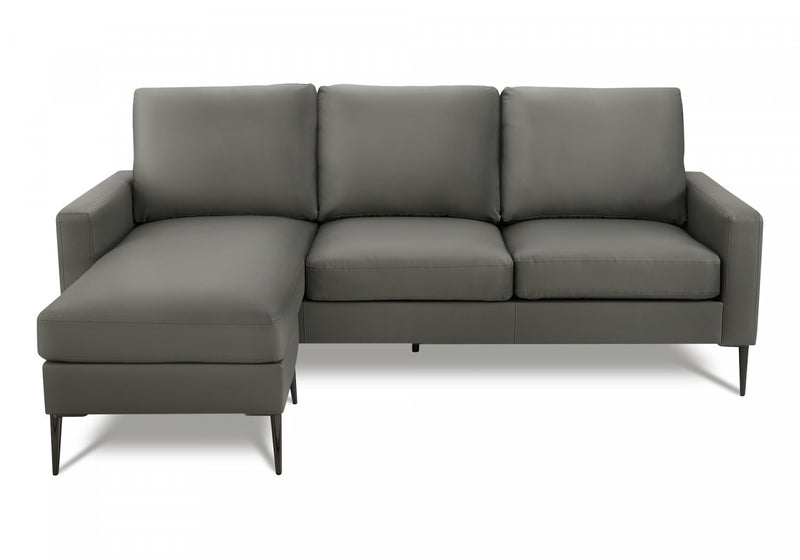 Sofa Chaise Longue Rembourre, 85\" De Large, Aspect Cuir Gris Fonce, Pieds En Metal Noir