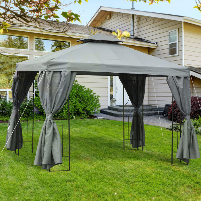 Outsunny 10' X 10' Pavillon De Jardin Tonnelle Barnum Gazebo Avec Parois Laterales Gris Fonce