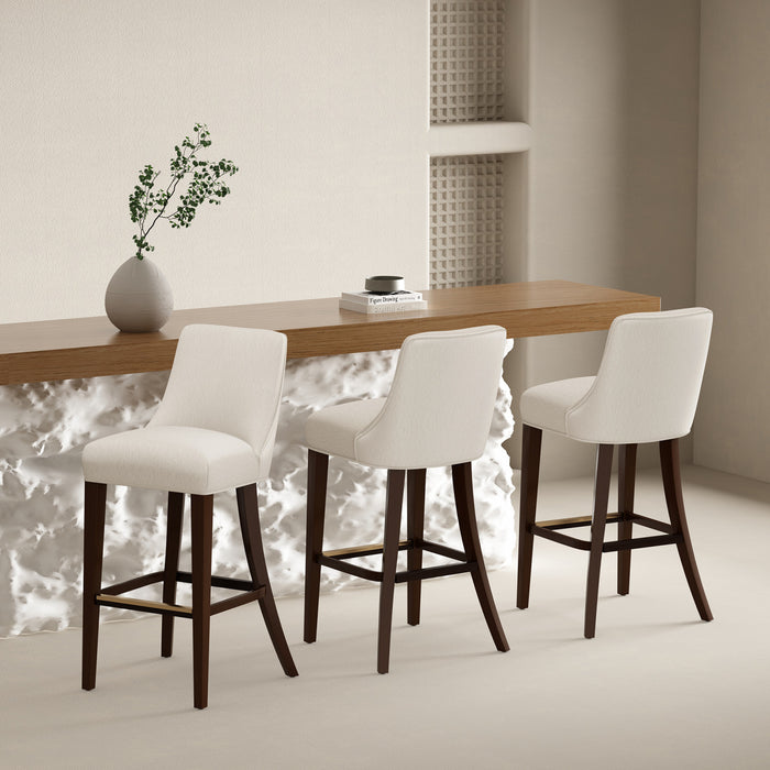 Tabouret de bar moderne Beever en bois et tissu chenille creme - Lot de 3