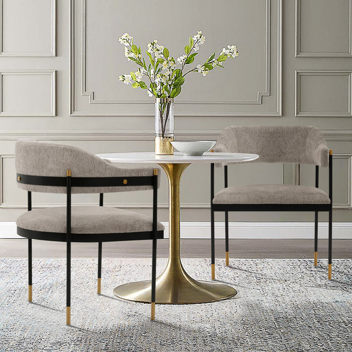 Fauteuil en metal moderne Lia avec revetement en chenille couleur pierre - Lot de 2