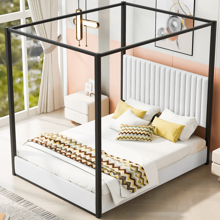 Lit plateforme Sophia a baldaquin avec tete de lit en mousse et velours, taille queen, noir