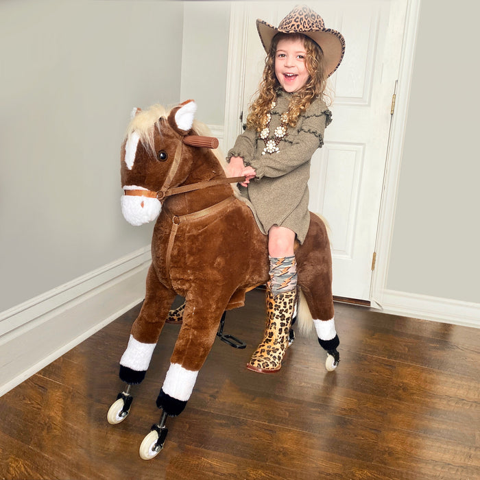 Qaba Cheval Poney Mecanique Avec Roues Grande Taille Enfants Jeunes Cheval A Bascule Jouet Pour Enfants 5-16 Ans