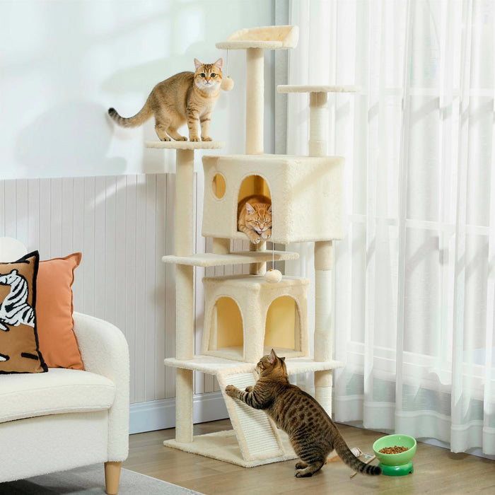 Arbre a Chat 160 cm avec Poteaux a Griffer, Niches, Blanc Creme