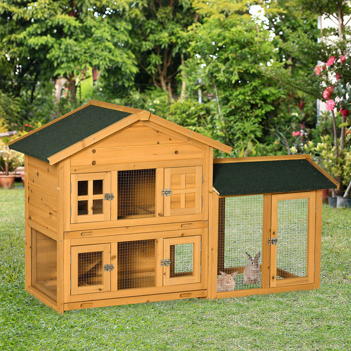 Pawhut 59\" Clapier A Lapin En Bois, 2 Niveaux, Maison Pour Animaux De Compagnie, Enclos Pour L'interieur Et L'exterieur Avec Plateau Coulissant, Rampe, Pour Lapins Et Petits Animaux, Orange