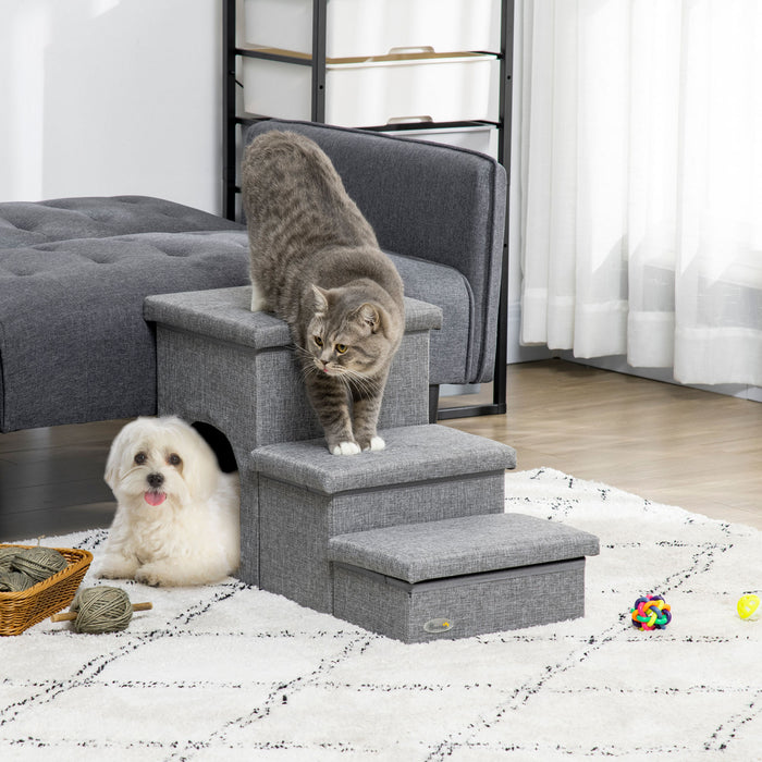 Pawhut Escalier Multifonctionnel Pour Chien Avec Boites De Rangement Et Condo, Escalier En 3 Etapes Pour Lit Haut Et Canape Avec Coussin En Peluche Lavable, Gris Clair