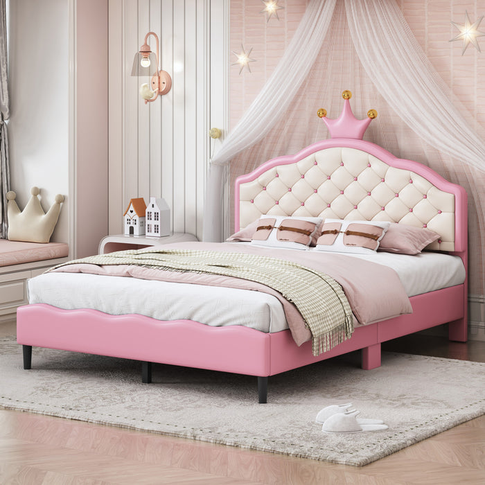 Lily Lit de Princesse Fantaisie Couronne Elegante avec Tete de Lit en Cuir PU Capitonne, Taille Double