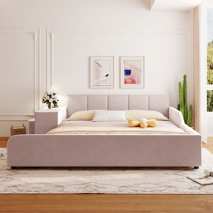 Lit Lily en velours rembourre avec bureau et tabouret, taille Queen, rose
