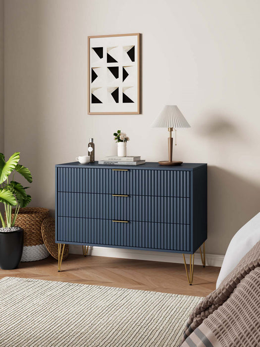 Commode moderne Dumbo 35\" a cannelures en bleu minuit (3 tiroirs)