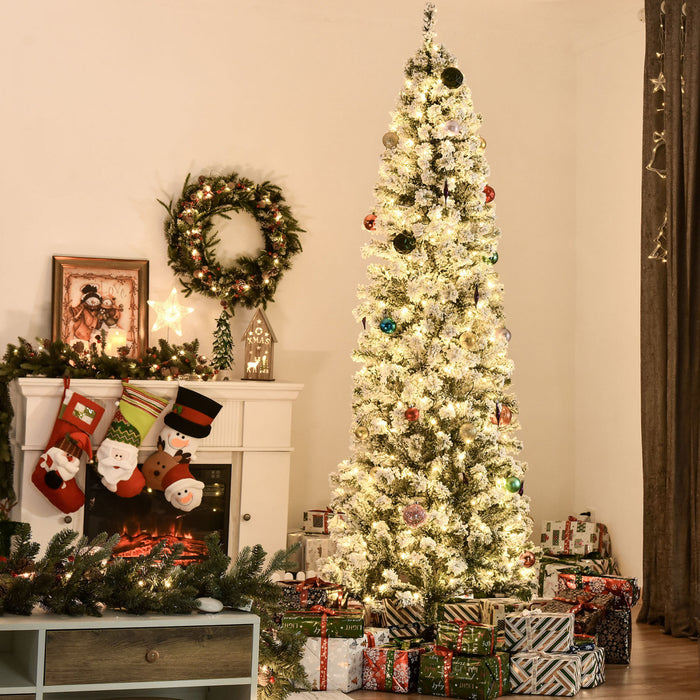Homcom Arbre De Noel En Forme De Crayon Floque De Neige Artificielle Pre-eclaire De 7.5 Pieds Avec 350 Lumieres Led Blanc Chaud Et 641 Pointes De Branche