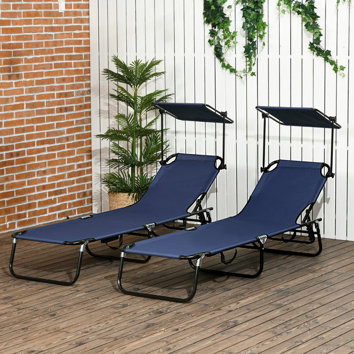 Outsunny Chaise Longue 2 Pieces Avec Dossier Reglable Et Pare-soleil, Bleu