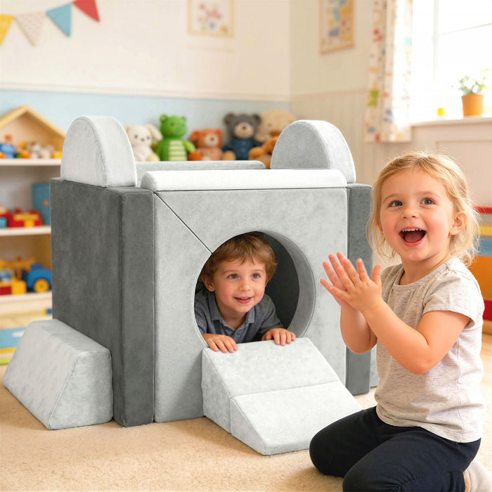 Qaba Canape de Jeu Modulaire 12 Pieces pour Enfants, Sofa Sectionnel, Gris