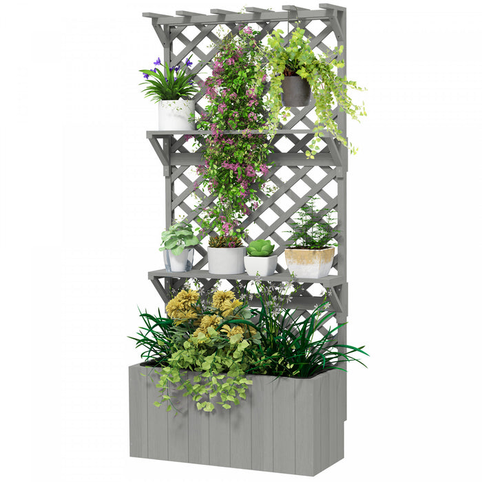 Outsunny Lit de jardin sureleve avec treillis et etagere a plantes, gris