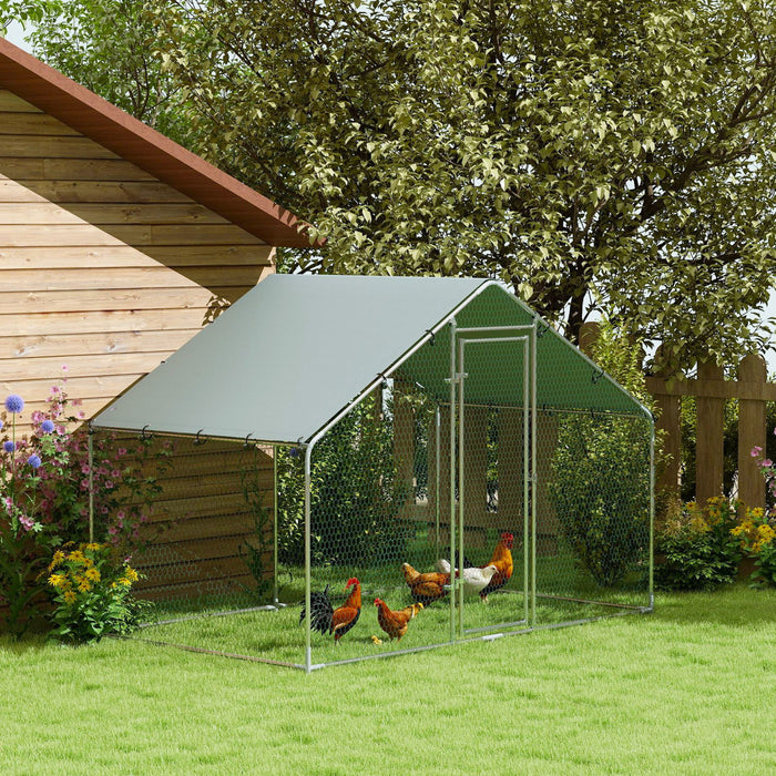 PawHut Poulailler Metallique, Enclos Exterieur de 9,8 x 5,6 Pieds avec Toit Resistant aux Intemperies et Porte Verrouillable, Grand Parc a Poules pour 5-8 Poules, Argente