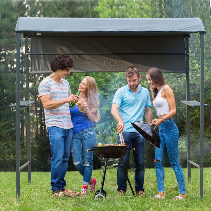 Outsunny 7x4.5pi Barbecue Exterieur Gazebo Tente Cadre En Metal Grille De Jardin Auvent Pare-soleil Arriere-cour Abri Portable Avec Auvent Lateral 2 Etageres Et 5 Crochets Gris